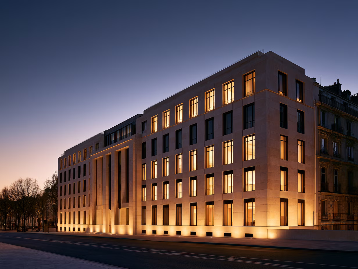 Façade d'un siège social premium au crépuscule, fenêtres allumées suggérant une activité financière en pleine soirée